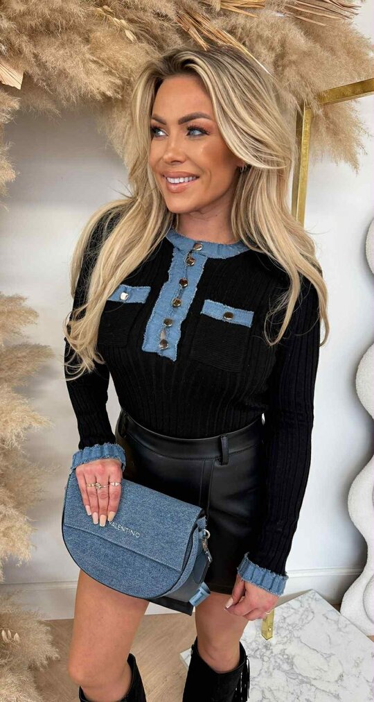 DENIM BUTTON RIB TOP 1034 BLACK