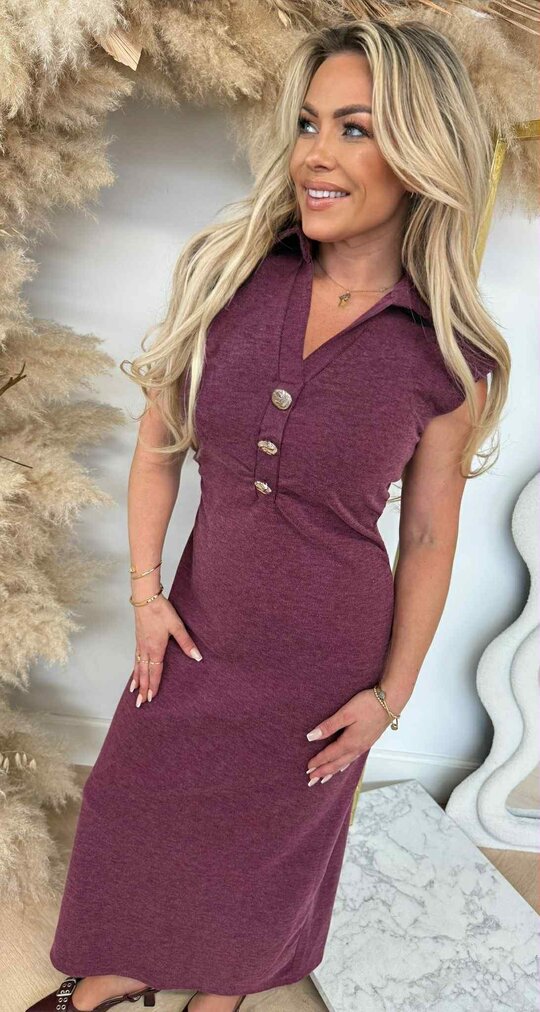 BUTTON KRAAG SOFT DRESS AUBERGINE