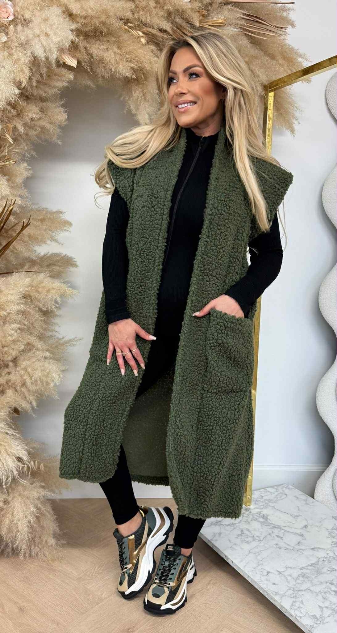 LONG TEDDY GILET ARMYGREEN
