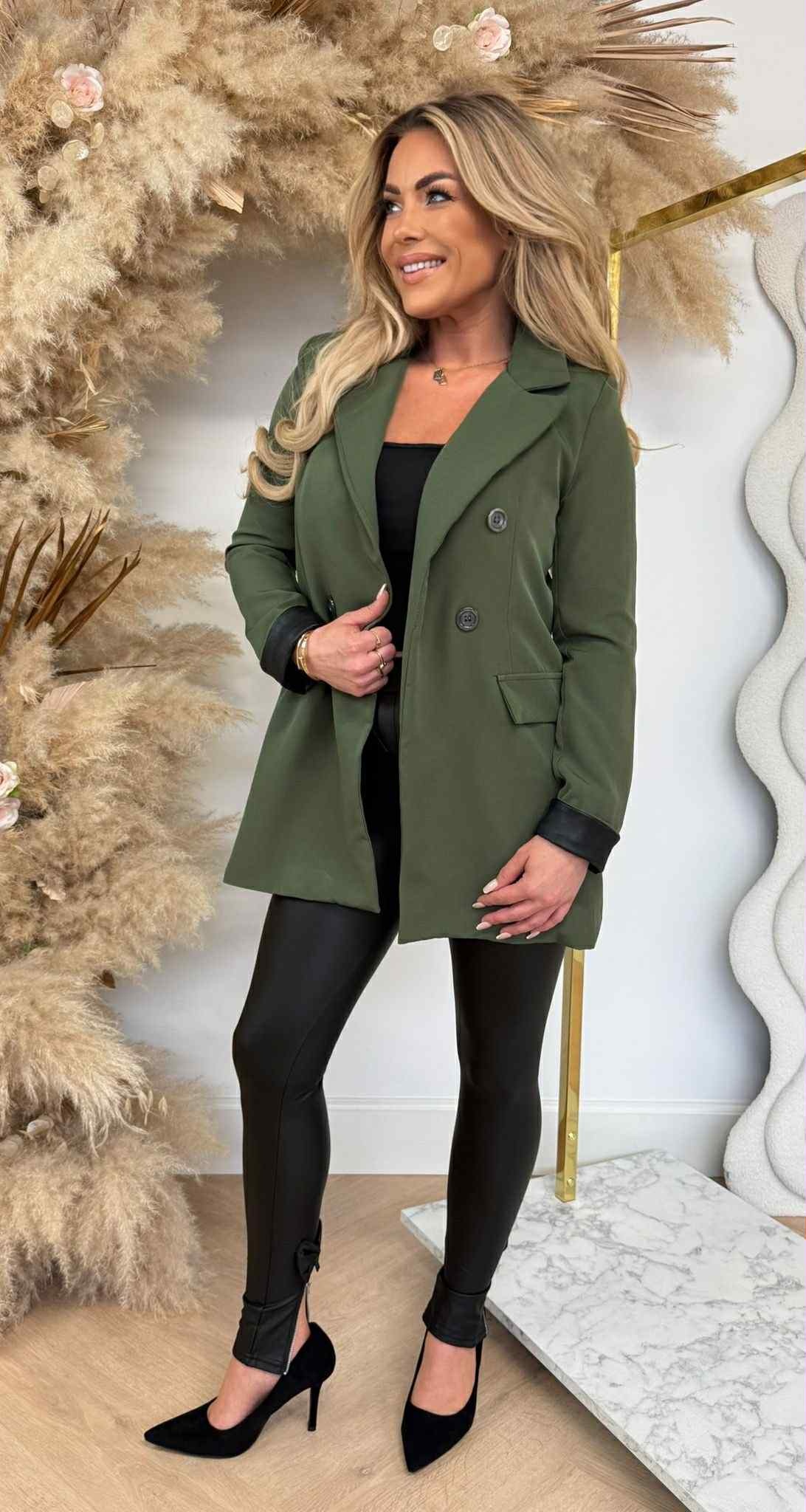 OMSLAG LEATHER LOOK BLAZER ARMYGREEN