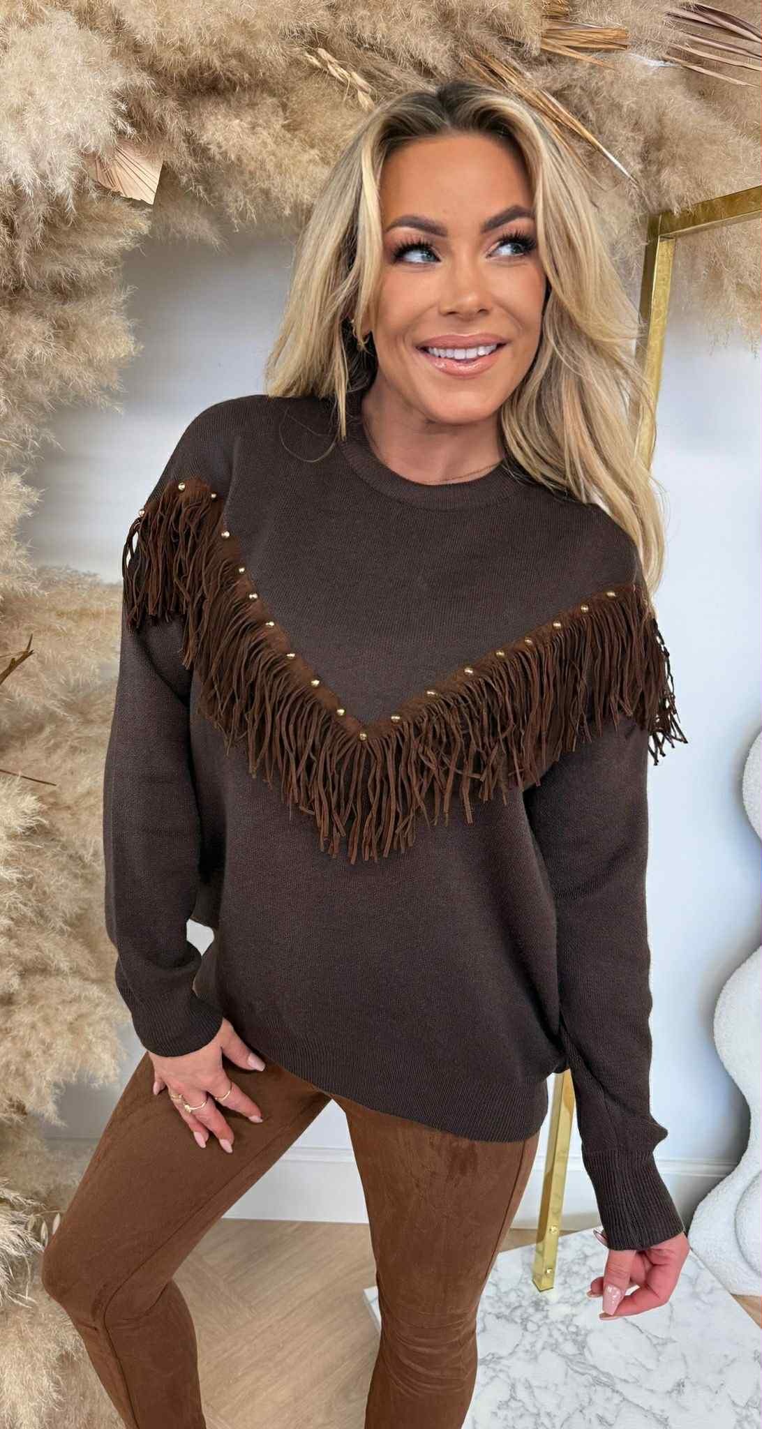 FRINGE STUDDED SWEAT 6540 CHOCO