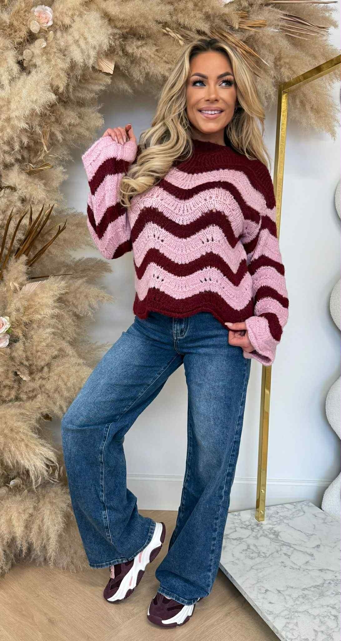 STRIPE SCHULP SWEAT BORDEAUX/PINK