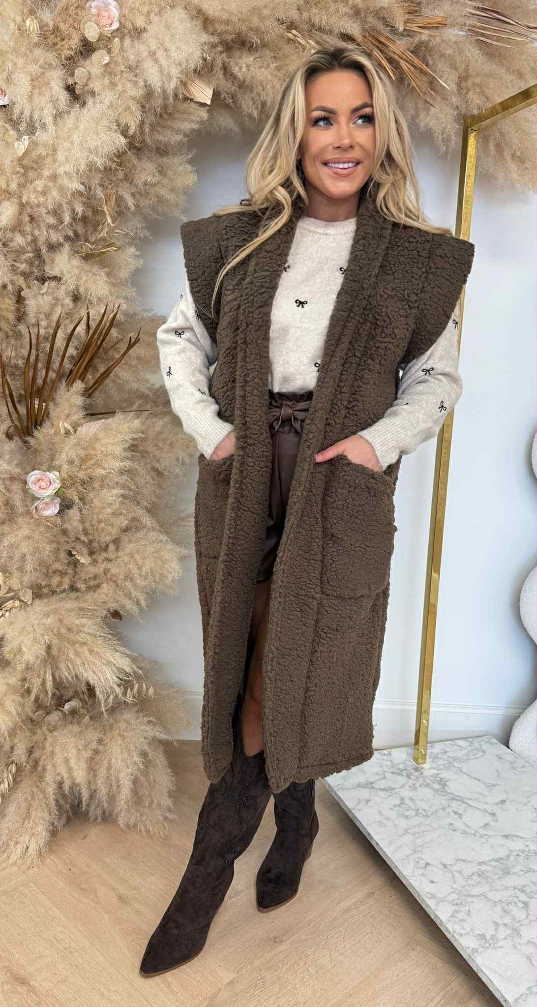 LONG TEDDY GILET CHOCO