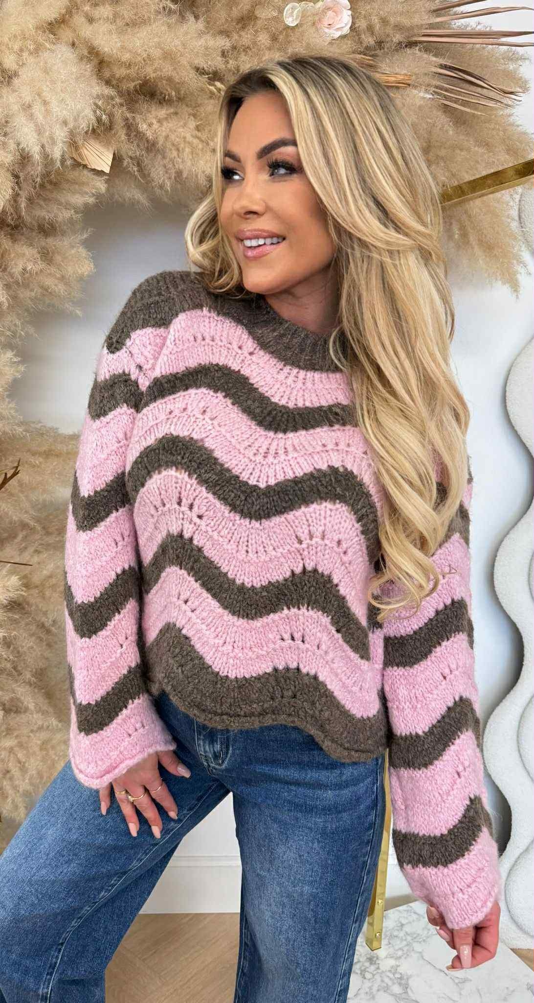 STRIPE SCHULP SWEAT TAUPE/PINK