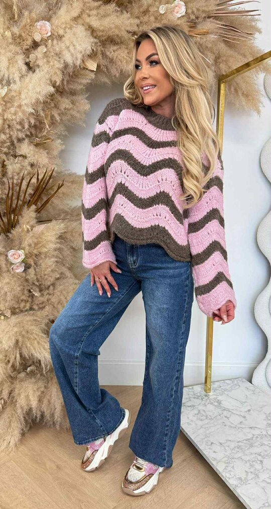 STRIPE SCHULP SWEAT TAUPE/PINK STRIPE SCHULP SWEAT TAUPE/PINK