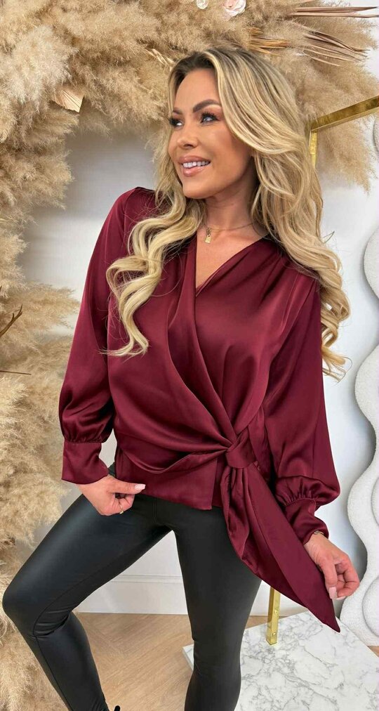 SATIN OMSLAG BLOUSE BORDEAUX