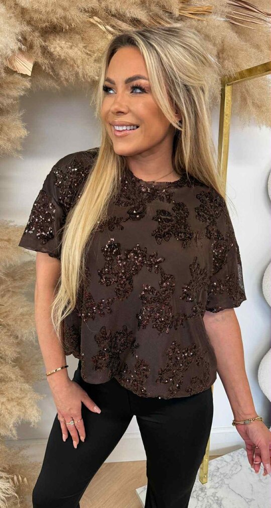 FLORAL SEQUIN MESH TOP BROWN FLORAL SEQUIN MESH TOP BROWN