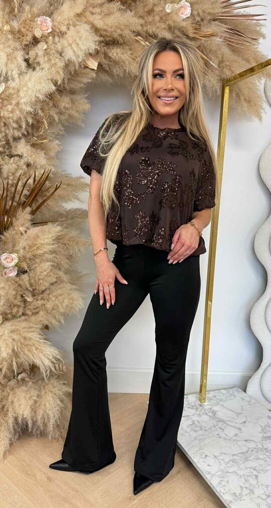 FLORAL SEQUIN MESH TOP BROWN FLORAL SEQUIN MESH TOP BROWN