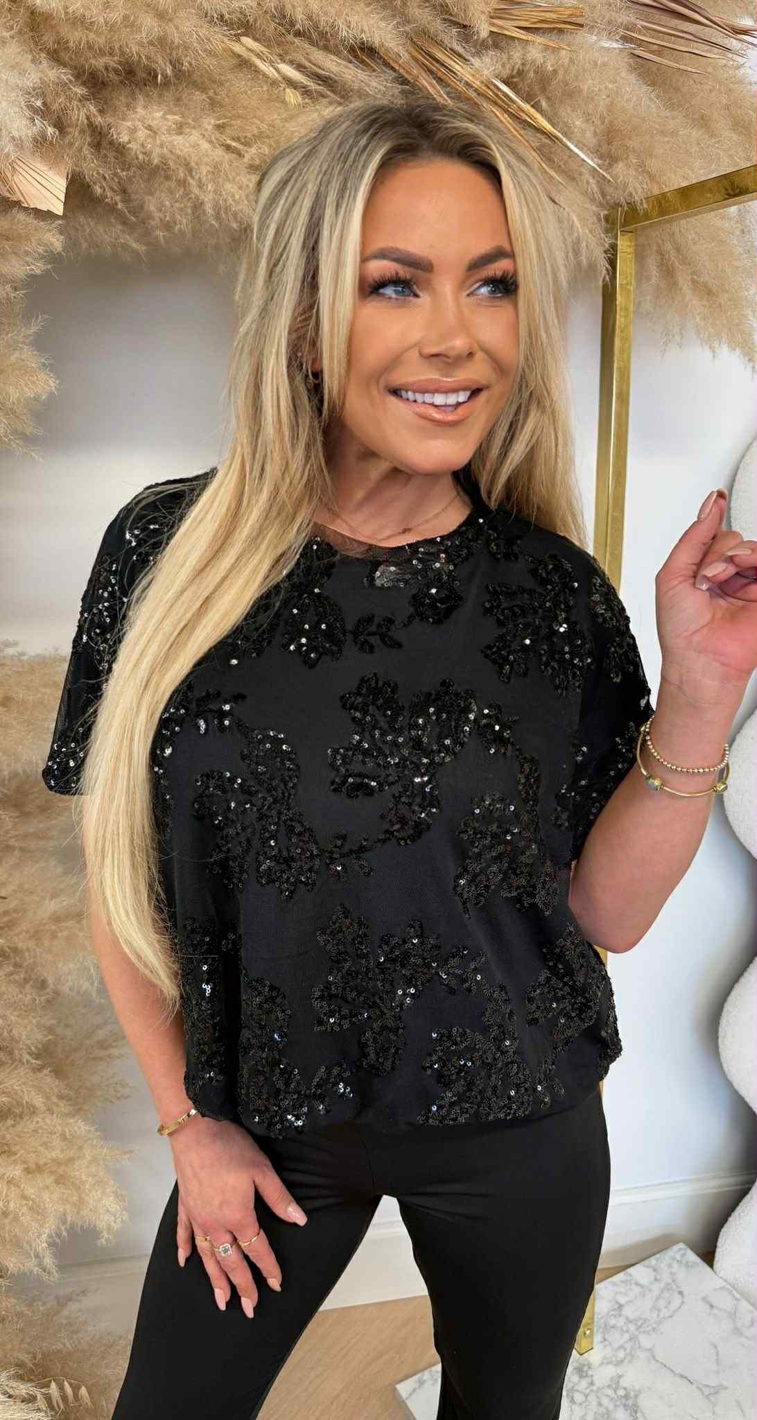 FLORAL SEQUIN MESH TOP BLACK FLORAL SEQUIN MESH TOP BLACK