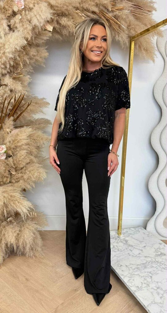 FLORAL SEQUIN MESH TOP BLACK