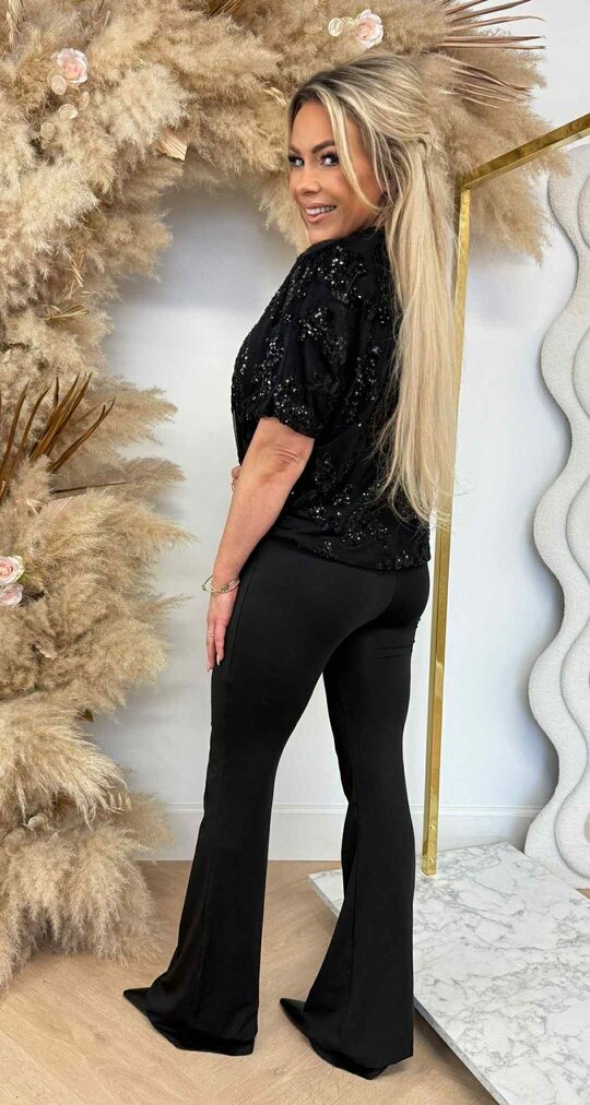 FLORAL SEQUIN MESH TOP BLACK