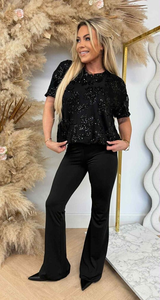 FLORAL SEQUIN MESH TOP BLACK