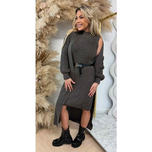 LONG KNITTED CARDIGAN + DRESS + BELT TAUPE LONG KNITTED CARDIGAN + DRESS + BELT TAUPE