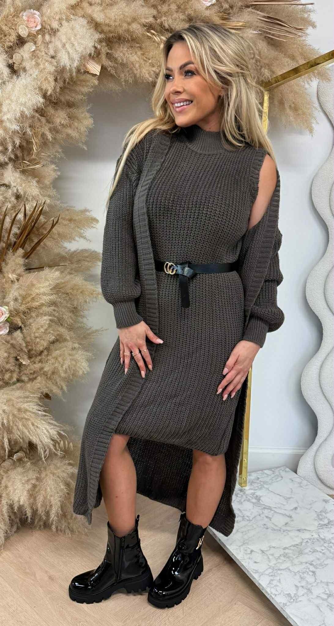 LONG KNITTED CARDIGAN + DRESS + BELT TAUPE