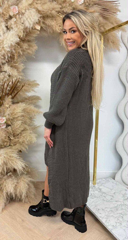 LONG KNITTED CARDIGAN + DRESS + BELT TAUPE LONG KNITTED CARDIGAN + DRESS + BELT TAUPE