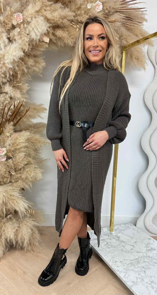 LONG KNITTED CARDIGAN + DRESS + BELT TAUPE LONG KNITTED CARDIGAN + DRESS + BELT TAUPE