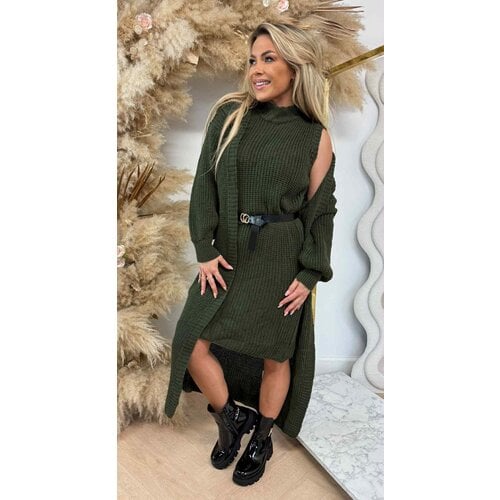 LONG KNITTED CARDIGAN + DRESS + BELT ARMYGREEN LONG KNITTED CARDIGAN + DRESS + BELT ARMYGREEN