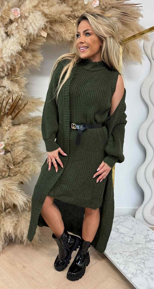 LONG KNITTED CARDIGAN + DRESS + BELT ARMYGREEN