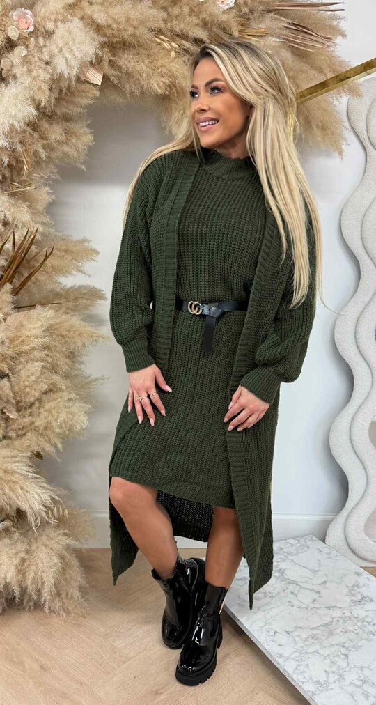 LONG KNITTED CARDIGAN + DRESS + BELT ARMYGREEN