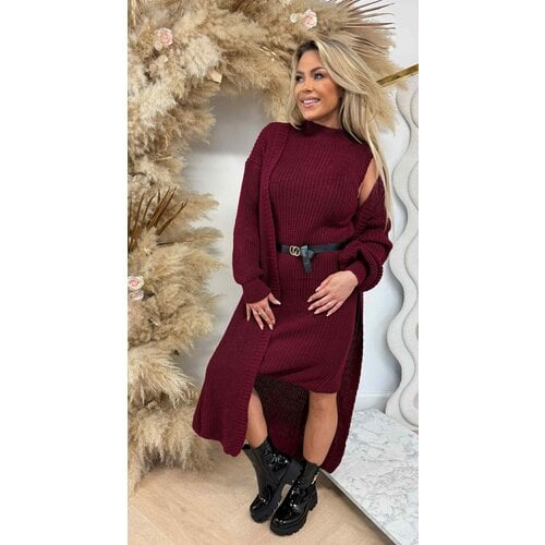 LONG KNITTED CARDIGAN + DRESS + BELT BORDEAUX LONG KNITTED CARDIGAN + DRESS + BELT BORDEAUX