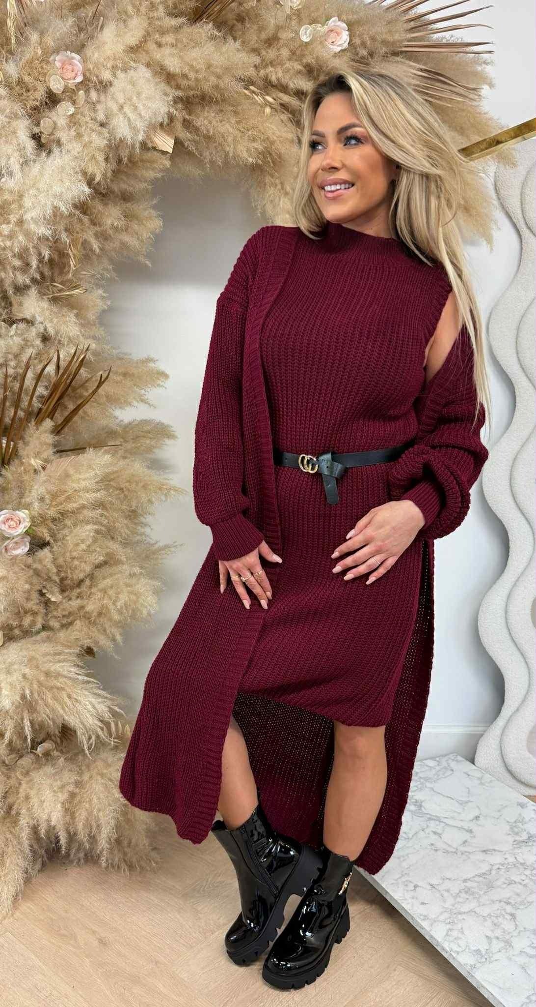 LONG KNITTED CARDIGAN + DRESS + BELT BORDEAUX