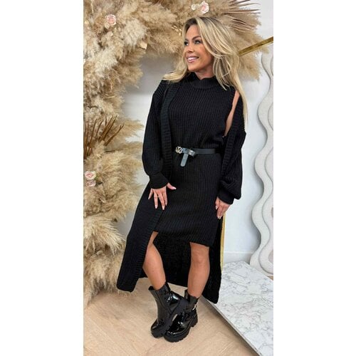 LONG KNITTED CARDIGAN + DRESS + BELT BLACK LONG KNITTED CARDIGAN + DRESS + BELT BLACK