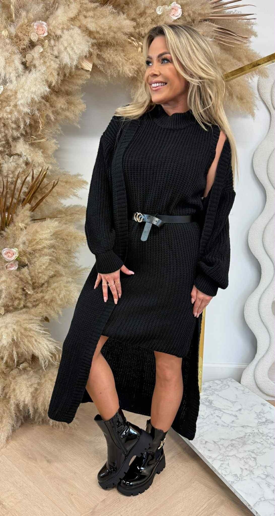 LONG KNITTED CARDIGAN + DRESS + BELT BLACK