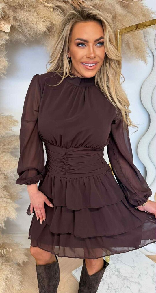 RUFFLE GAUZE DRESS 5339-40 BROWN RUFFLE GAUZE DRESS 5339-40 BROWN