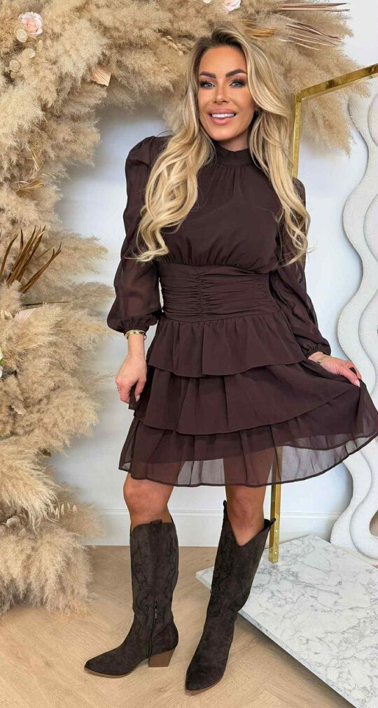 RUFFLE GAUZE DRESS 5339-40 BROWN RUFFLE GAUZE DRESS 5339-40 BROWN