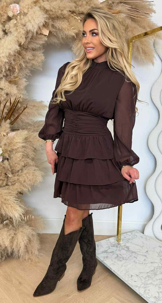 RUFFLE GAUZE DRESS 5339-40 BROWN RUFFLE GAUZE DRESS 5339-40 BROWN