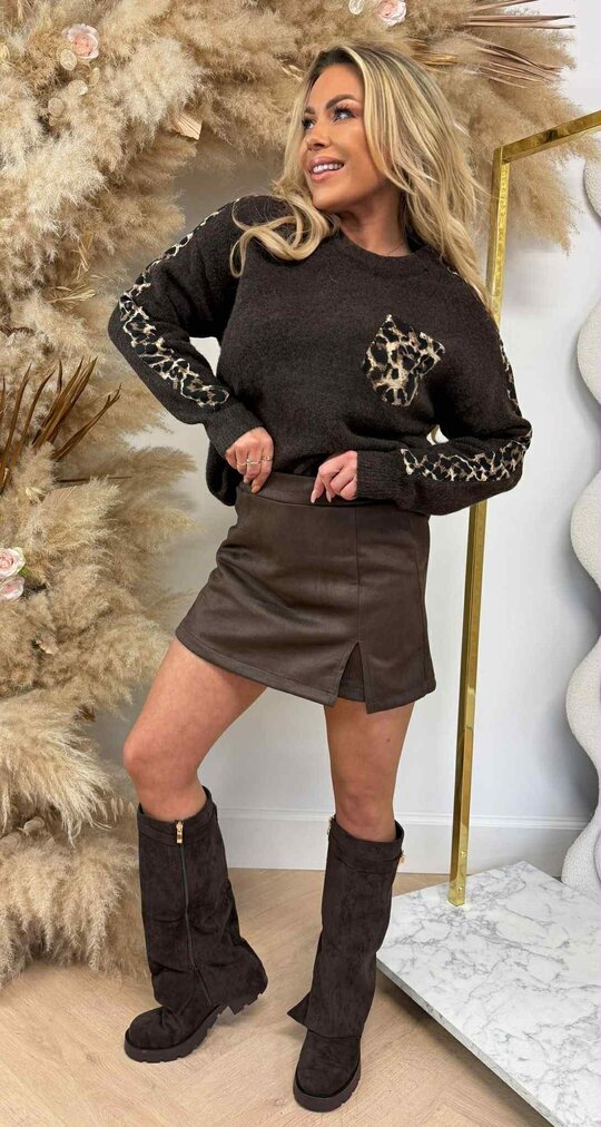 LEOPARD SLEEVE POCKET SWEAT 818 CHOCO