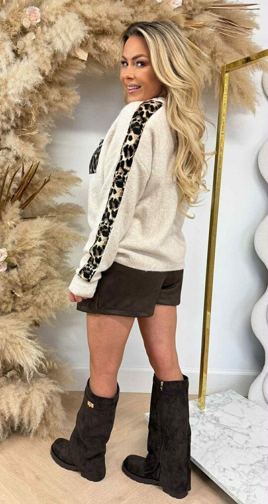 LEOPARD SLEEVE POCKET SWEAT 818 TAUPE