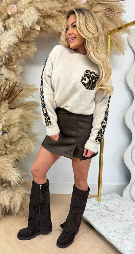 LEOPARD SLEEVE POCKET SWEAT 818 TAUPE