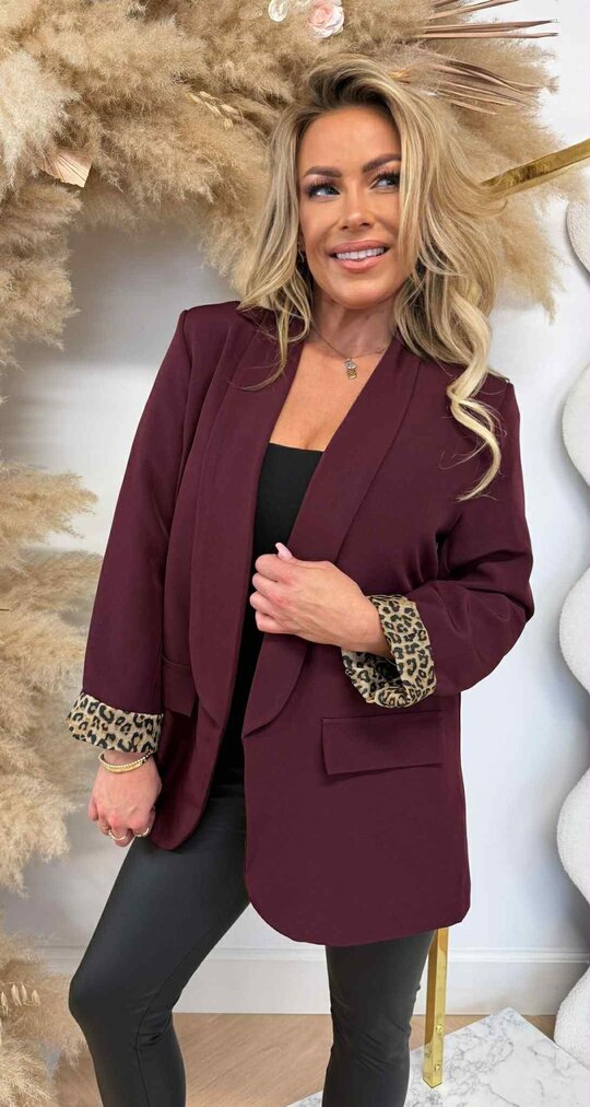 TRENDY OMSLAG MOUW LEOPARD BLAZER BORDEAUX
