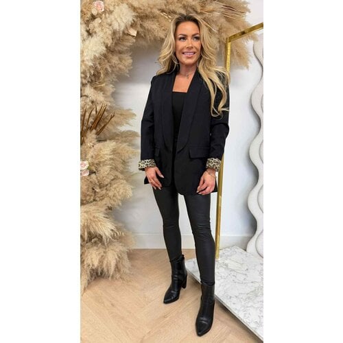 TRENDY OMSLAG MOUW LEOPARD BLAZER BLACK