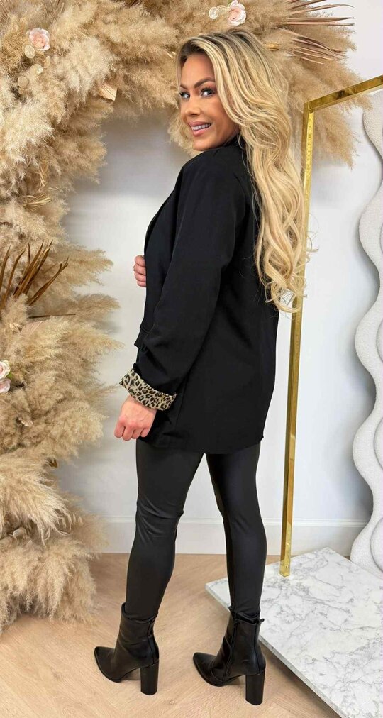 TRENDY OMSLAG MOUW LEOPARD BLAZER BLACK