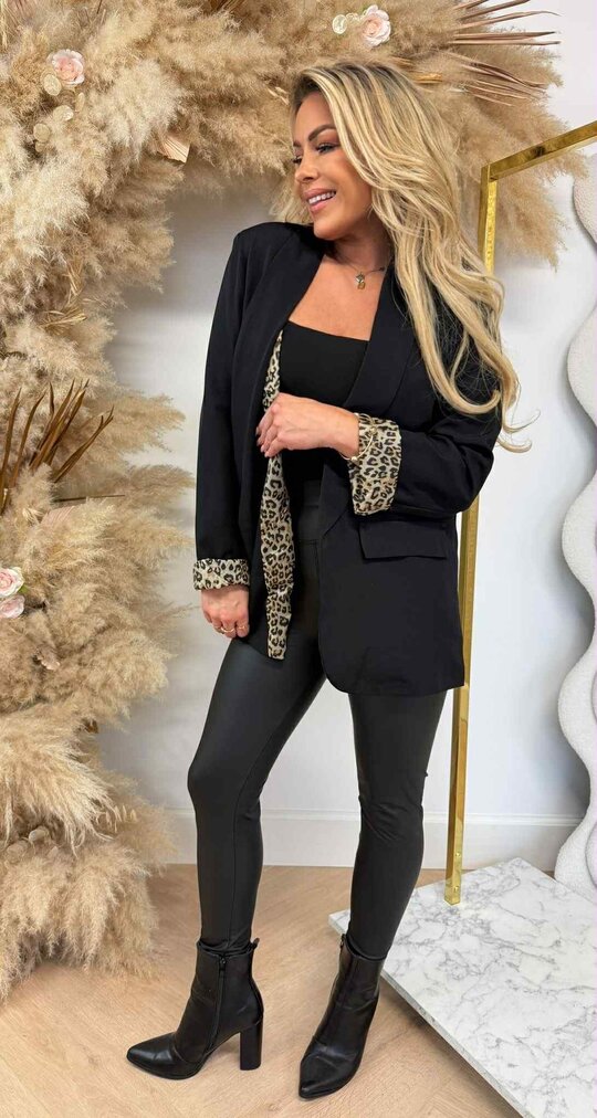 TRENDY OMSLAG MOUW LEOPARD BLAZER BLACK