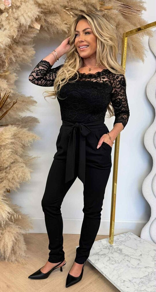 LACY BOW OFFSHOULDER JUMPSUIT BLACK