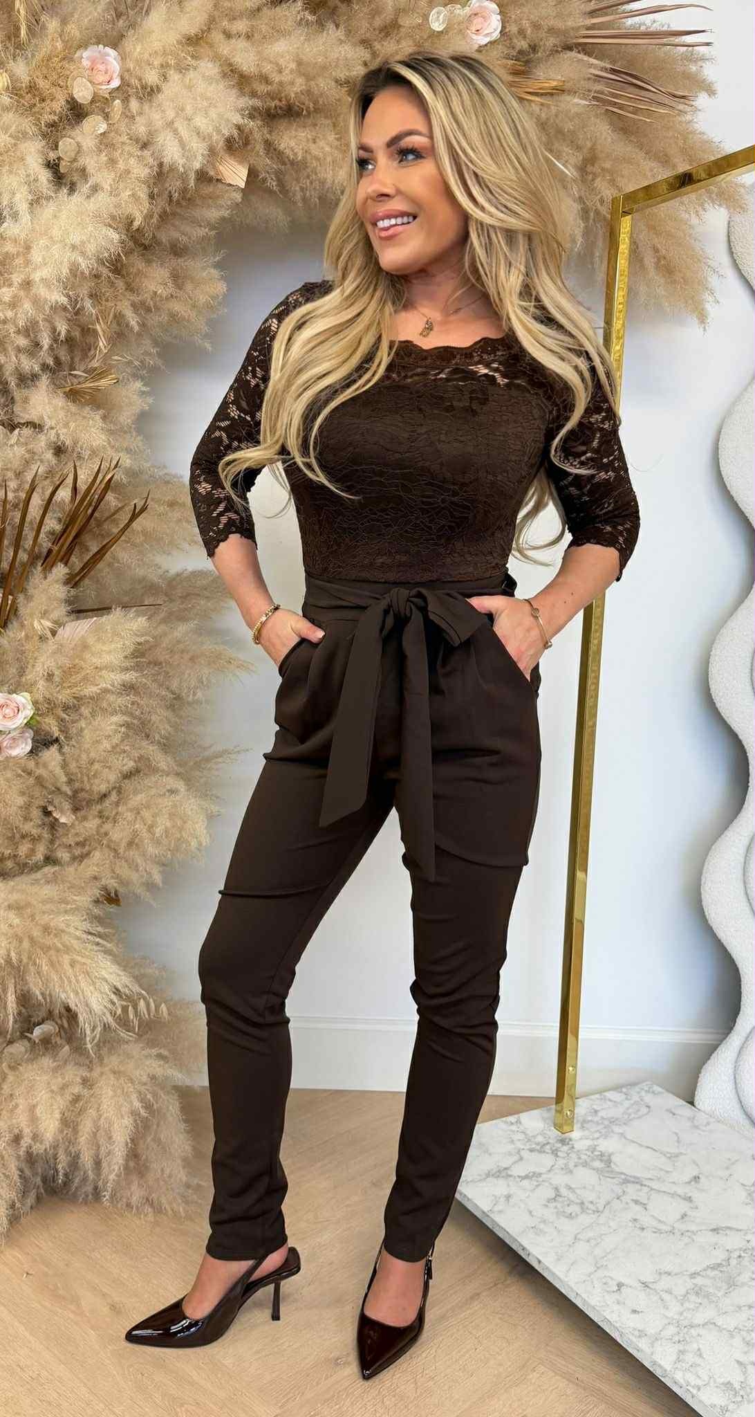 LACY BOW OFFSHOULDER JUMPSUIT CHOCO