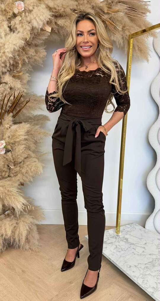 LACY BOW OFFSHOULDER JUMPSUIT CHOCO LACY BOW OFFSHOULDER JUMPSUIT CHOCO