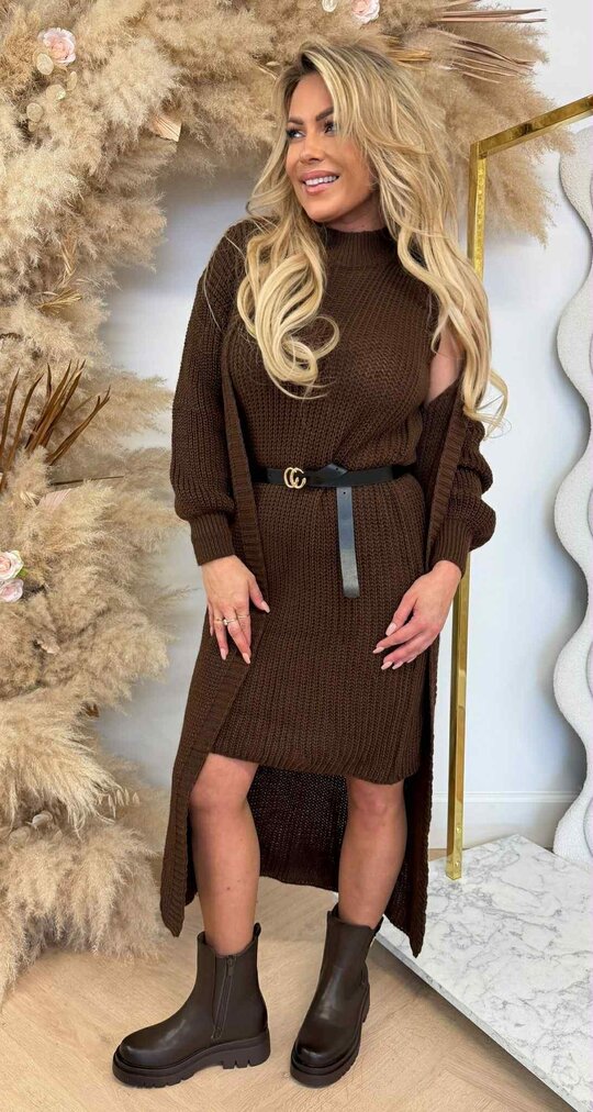 LONG KNITTED CARDIGAN + DRESS + BELT CHOCO