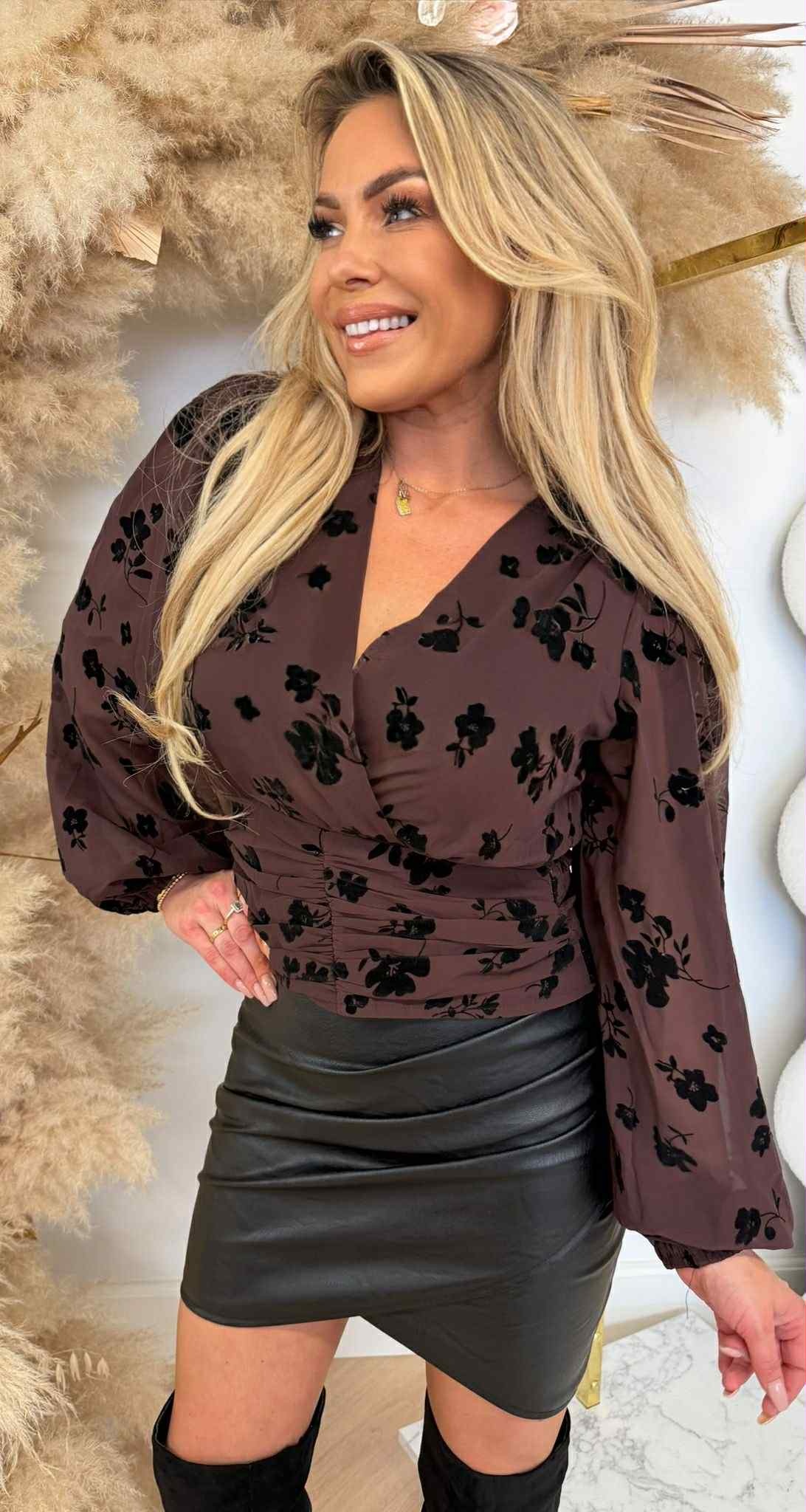 FLOWER GAUZE TOP 5309 COFFEE