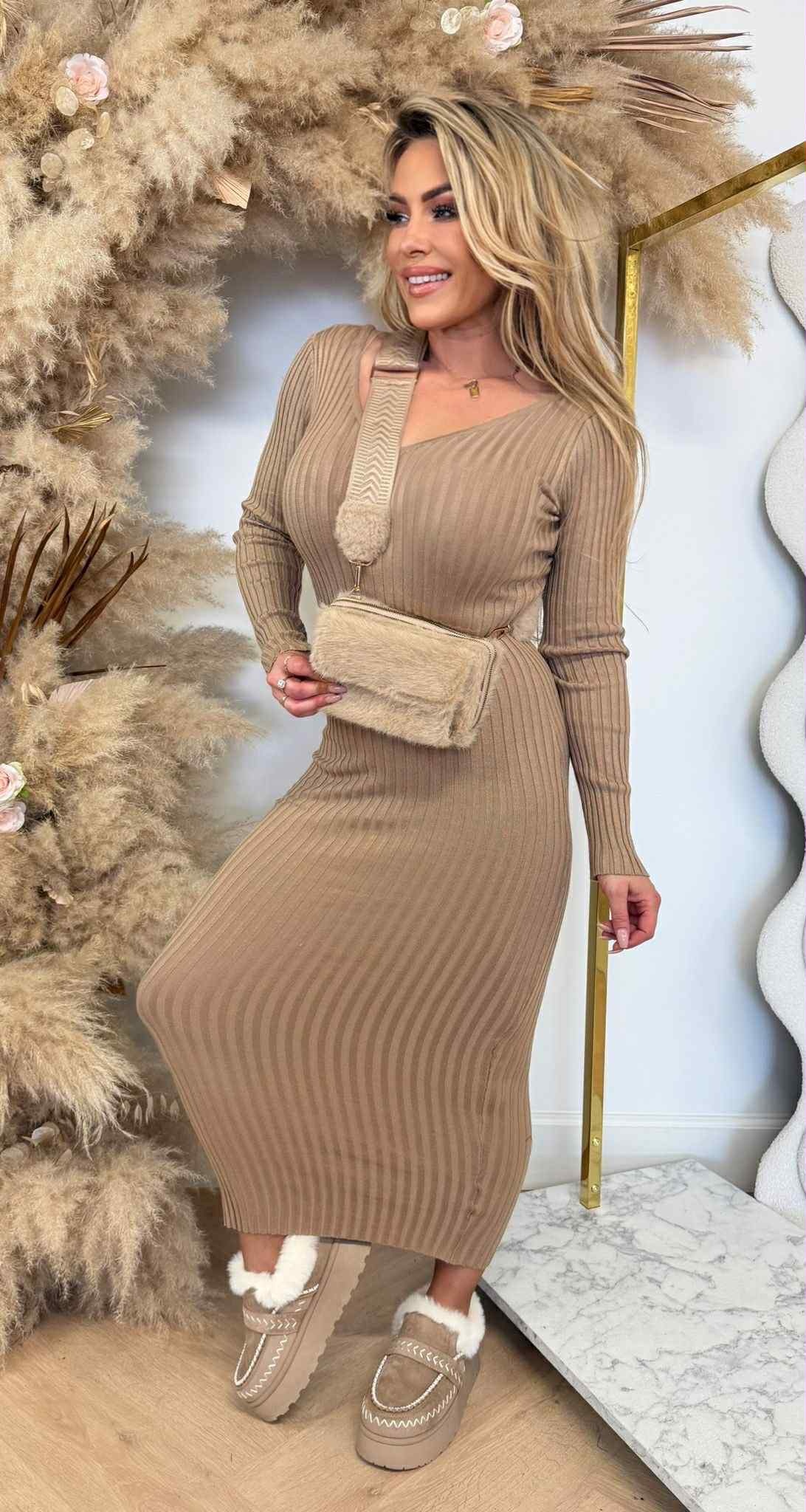 RIB V LONG DRESS 9850 TAUPE