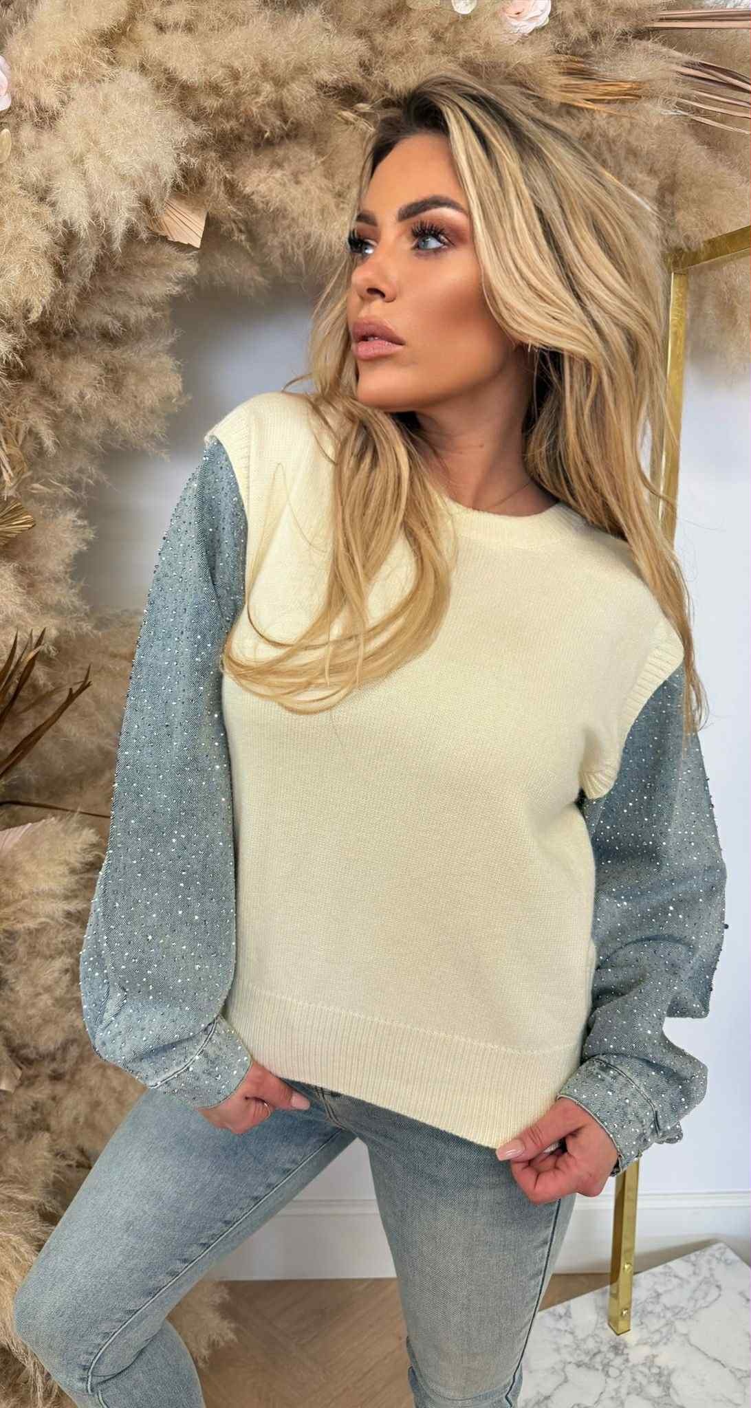 DENIM SPARKLE SLEEVE SWEAT 387013 LIGHTBEIGE