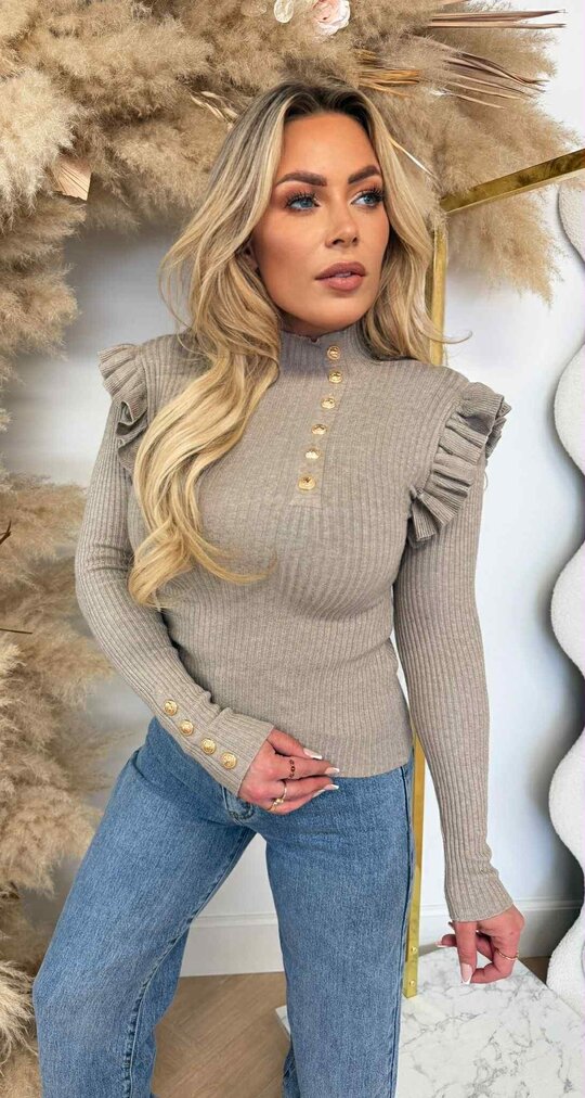 BUTTON ROEZEL STRETCH TOP TAUPE