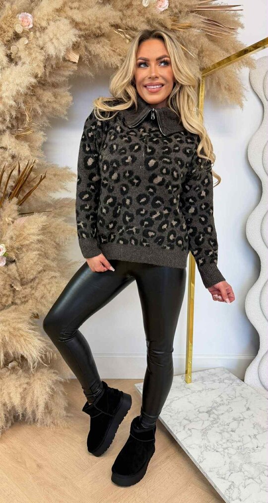 LEOPARD ZIP SWEAT PK813 DARKGREY