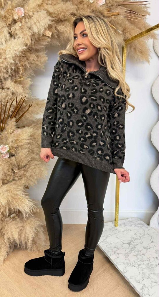 LEOPARD ZIP SWEAT PK813 DARKGREY