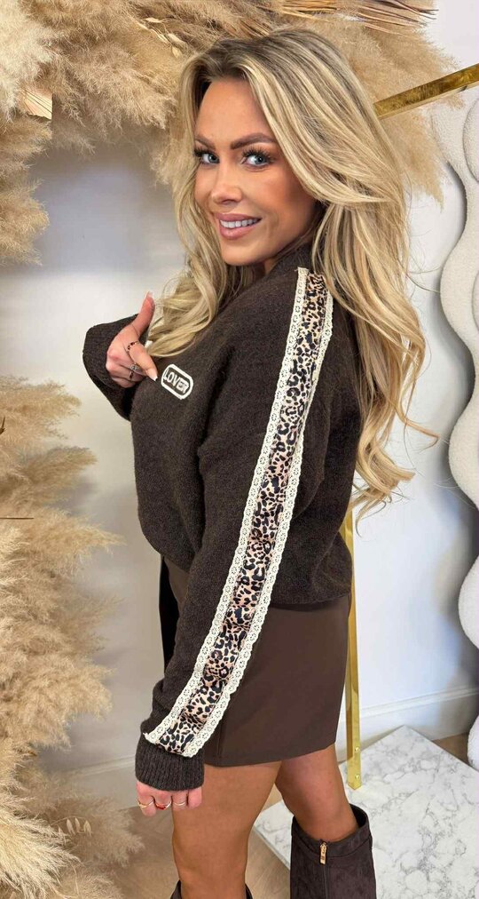 LACE LEOPARD SLEEVE SWEAT 3831330 CHOCO