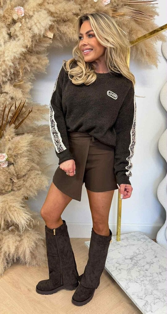 LACE LEOPARD SLEEVE SWEAT 3831330 CHOCO