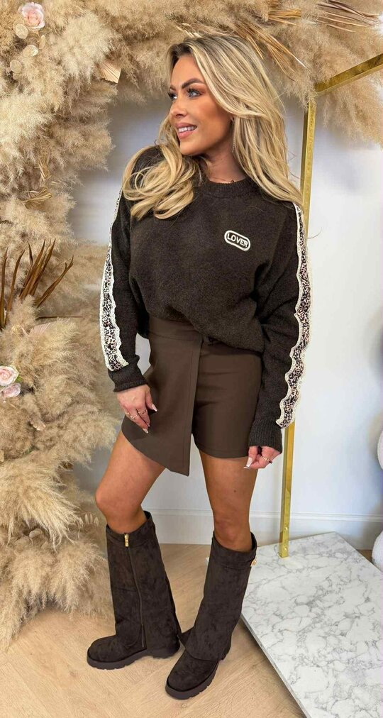 LACE LEOPARD SLEEVE SWEAT 3831330 CHOCO